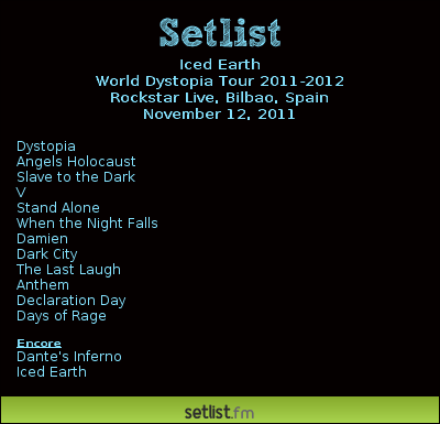 Iced Earth Setlist Rockstar Live, Bilbao, Spain 2011, World Dystopia Tour 2011-2012