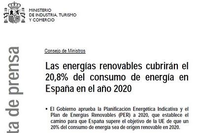 El Gobierno aprueba el Plan de Energías Renovables 2011-2020