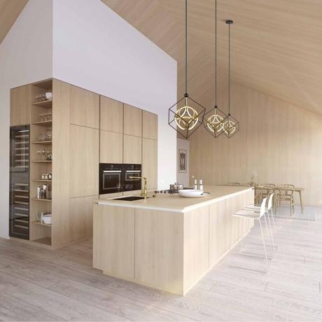 Cocina con isla integrada, de madera