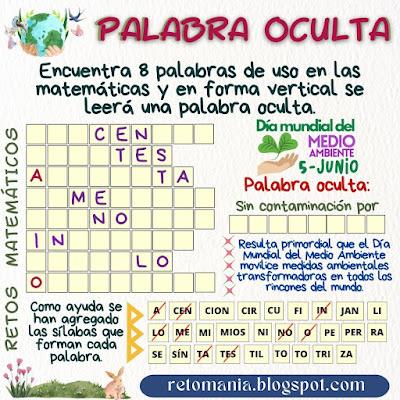 Desafío matemático, Reto matemático, Problema matemático, Medio ambiente, Día del medio ambiente, Día mundial del medio ambiente, Juego de palabras, Palabra oculta, Palabra escondida, Buscapalabras