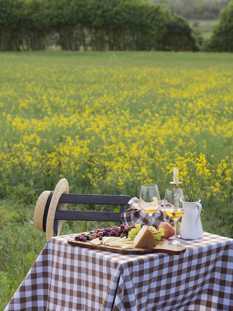 Una mesa campestre entre campos de colza para celebrar el amor_7