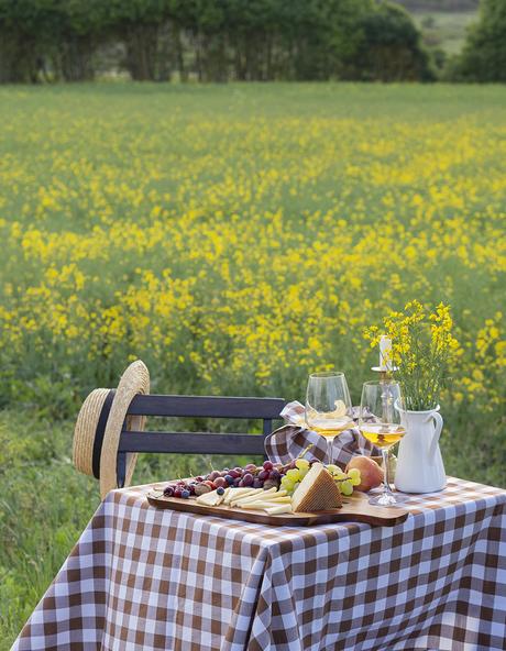 Una mesa campestre entre campos de colza para celebrar el amor_5