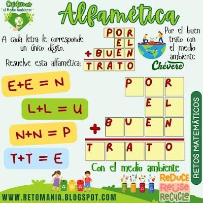 ALFAMÉTICAS Desafío matemático, Reto matemático, Problemas matemáticos, Retos mentales, Retos visuales, Medio ambiente, Día del medio ambiente, Día mundial del medio ambiente, Alfamética, Criptoaritmética, Criptosuma, Juego de letras, Juego de palabras, Suma de palabras