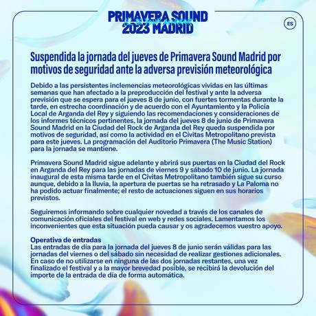 Suspendida la jornada del jueves en Primavera Sound Madrid