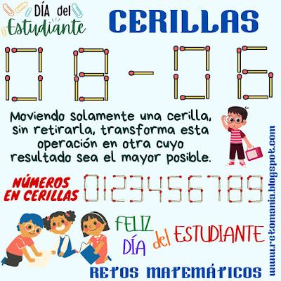 Desafíos matemáticos, Retos matemáticos, Problemas matemáticos, Día del Estudiante, Día mundial del Estudiante, Cerillas, Palillos, Juego con Cerillas