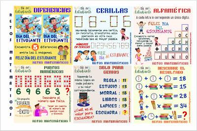 Desafíos matemáticos, Retos matemáticos, Problemas matemáticos, Día del Estudiante, Día mundial del Estudiante, Solo para Genios, Piensa rápido, Descubre el número, Alfamética, Criptoaritmética, Cerillas, Descubre el resultado, Puntos numéricos