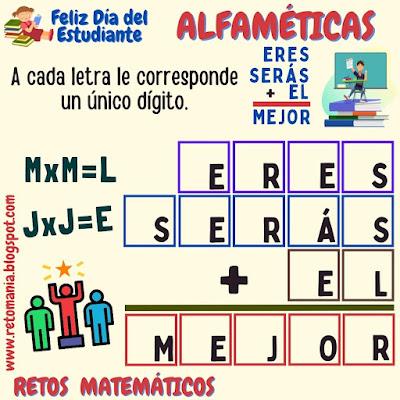 Alfamética, Criptoaritmética, Criptosuma, Desafío matemático, Reto matemático, Problema matemático, Juego de letras, Juego de palabras, Suma de letras, Suma de palabras, Día del Estudiante, Día mundial del Estudiante
