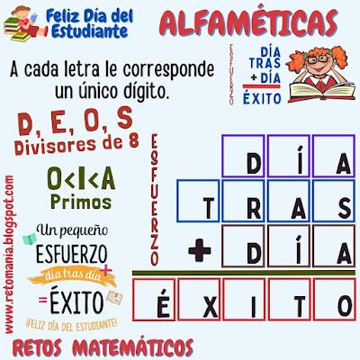 Alfamética, Criptoaritmética, Criptosuma, Desafío matemático, Reto matemático, Problema matemático, Juego de letras, Juego de palabras, Suma de letras, Suma de palabras, Día del Estudiante, Día mundial del Estudiante