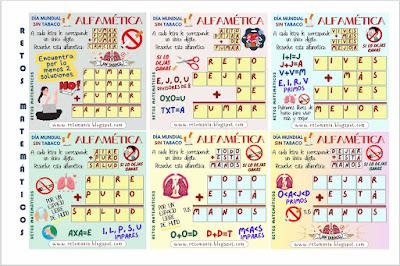 Desafíos matemáticos, Retos matemáticos, Problemas matemáticos, Juegos de letras, Juegos de palabras, Suma de palabras, Suma de letras, Criptoaritmética, Criptosuma, Criptograma, Alfamética, Día sin tabaco, Día mundial sin tabaco