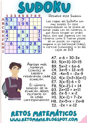 SUDOKU EN EL AULA Desafío matemático, Reto matemático, Problema matemático, Acertijos, Acertijos matemáticos, Retos mentales, Retos visuales, Sudoku, Puzzle matemático, Sudoku en el aula, Sudoku en clases