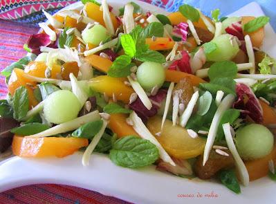 Ensalada de hinojo, ciruelas y melón,  con salsa de queso sin lactosa