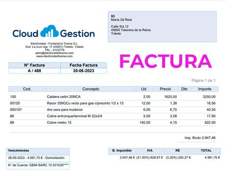 Ejemplo de factura de ventas creada desde Cloud Gestion