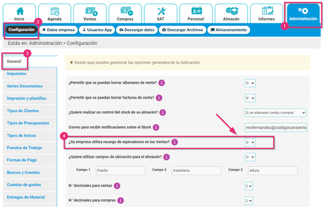 Activar la utilización del Recargo de Equivalencia Activar la utilización del Recargo de Equivalencia en Cloud Gestion