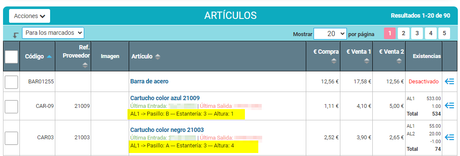 Listado de artículos donde se visualiza su localización
