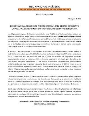 EXHORTA LA RED NACIONAL INDÍGENA AL PRESIDENTE ANDRÉS MANUEL LÓPEZ OBRADOR A PRESENTAR LA INICIATIVA DE REFORMA CONSTITUCIONAL INDÍGENA Y AFROMEXICANA.