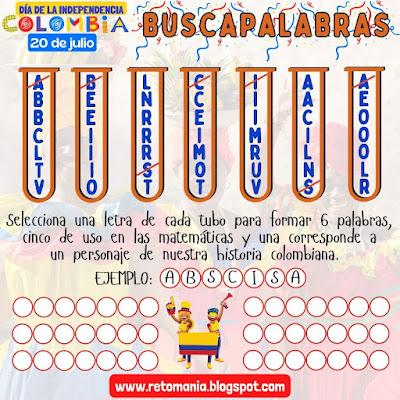 Desafío matemático, Reto matemático, Problema matemático, 20 de Julio, Independencia de Colombia, Días Patrios, Buscapalabras, Acertijo visual, Juego de Letras, Juego de Palabras, Palabra Oculta