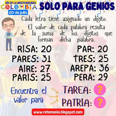 Desafío matemático, Reto matemático, Problema matemático, 20 de Julio, Independencia de Colombia, Días Patrios, Criptoaritmética, Alfamética, Juego de Palabras