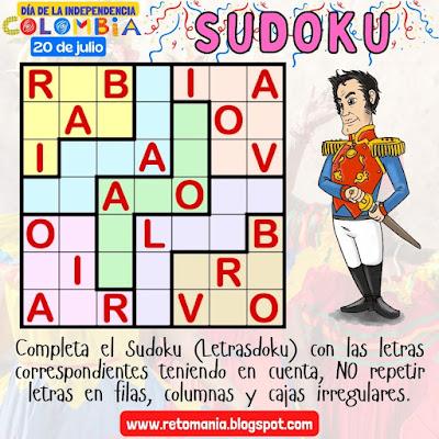 Desafío matemático, Reto matemático, Problema matemático, 20 de Julio, Independencia de Colombia, Días Patrios, Buscapalabras, Acertijo visual, Juego de Letras, Juego de Palabras, Palabra Oculta, Sudoku, Letrasdoku