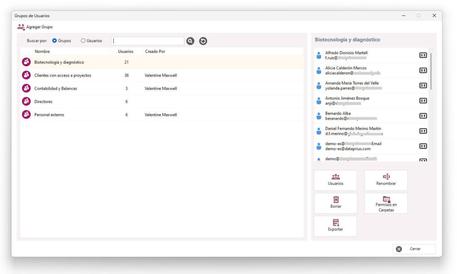 Ventana de gestión de grupos en Dataprius.