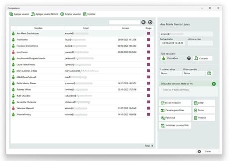 Rediseño de la gestión de grupos y usuarios en Dataprius Cloud Ventana de gestión de Usuarios compañeros en Dataprius.