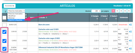 Seleccionar los artículos que queremos imprimir.