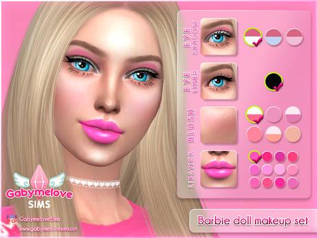 Sims 4 CC | Makeup: Barbie doll makeup set: Eyeshadow, Eyeliner, Blush & Lipstick | Gabymelove Sims | mod, The Sims, Maxis, EA, Electronics Arts, Make-up, makeup, make up, maquillaje, doll, Barbara, muñeca, pack, paquete, sombra, sombras, sombra de ojos, delieador, eye liner, eye shadow, rubor, colorete, labial, lápiz de labios, rosa, pink, hot pink, gloss