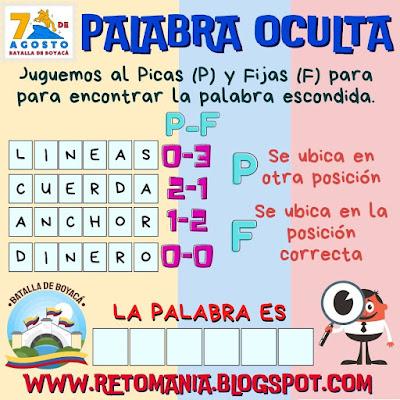 PALABRA OCULTA Desafío matemático, Reto matemático, Problema matemático, Batalla de Boyacá, Batalla del Puente, 7 de agosto, Fiesta Patria, Alfamética, Criptoaritmética, Juego de letras, Juego de palabras, Palabra Oculta, Descubre la Palabra, Buscapalabras