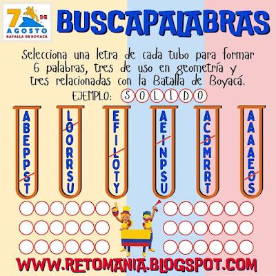 Desafío matemático, Reto matemático, Problema matemático, Batalla de Boyacá, Batalla del Puente, 7 de agosto, Fiesta Patria, Alfamética, Criptoaritmética, Juego de letras, Juego de palabras, Palabra Oculta, Descubre la Palabra, Buscapalabras