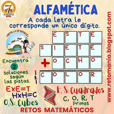 Desafío matemático, Reto matemático, Problema matemático, Batalla de Boyacá, Batalla del Puente, 7 de agosto, Fiesta Patria, Criptoaritmética, Alfamética