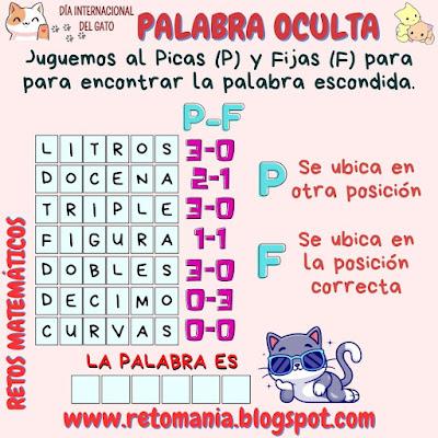 PALABRA OCULTA Día del Gato, Día Internacional del Gato, Desafíos matemáticos, Retos matemáticos, Problemas matemáticos, Problemas para pensar, Retos visuales, Retos virales, Retos mentales, Juego de palabras, Palabra oculta, Buscapalabras