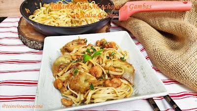 Tallarines con Alcachofas y Gambas en Salsa de Soja