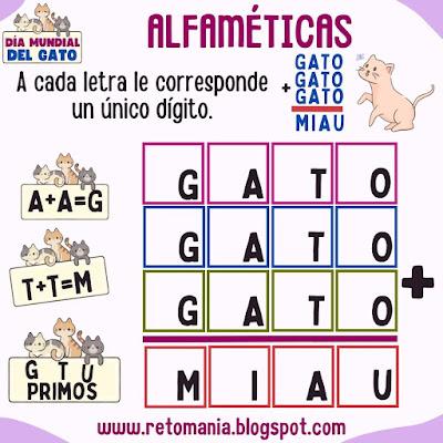 Desafíos matemáticos, Retos matemáticos, Problemas matemáticos, Problemas mentales, Juego de Palabras, Juego de Letras, Suma de letras, Suma de Palabras, Retos virales, Criptosuma, Criptoaritmética, Alfamética, Alfametika, Alfametik, Pasatiempo, Día del Gato, Día mundial del Gato, Día Internacional del Gato