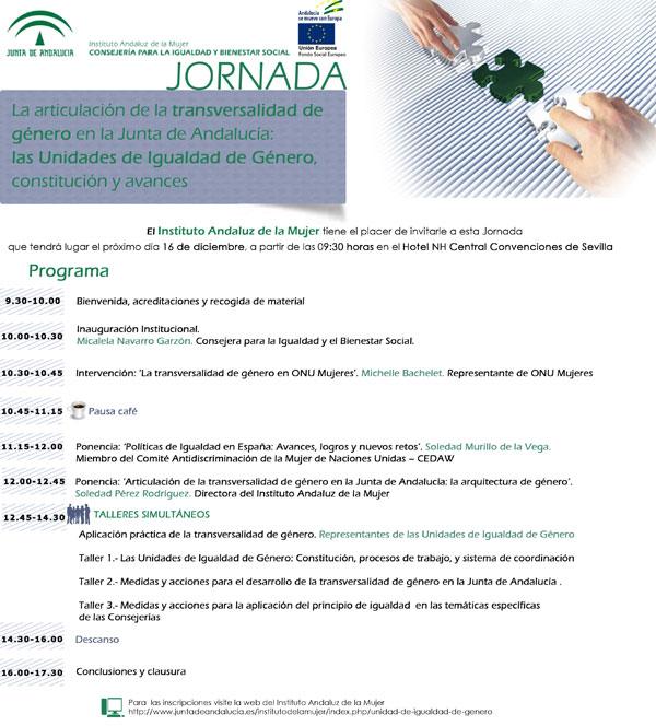 La articulación de la transversalidad de género en la Junta de Andalucía: las Unidades de Igualdad de Género, constitución y avances –></div> 16/12/2011