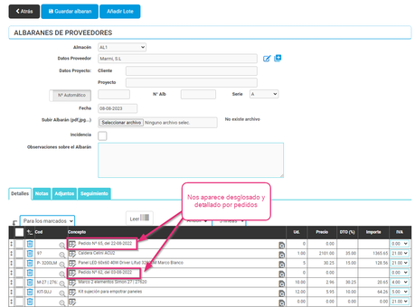 Albarán realizado desde pedido de compras