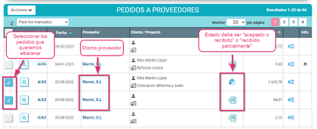 Seleccionar los pedidos de compras que queremos albaranar en Cloud Gestion