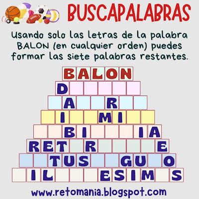 BUSCAPALABRAS Desafío matemático, Reto matemático, Problema matemático, Problema de Ingenio, Matemática y Deportes, Juego de Letras, Juego de Palabras, Palabra Oculta, Buscapalabras,
