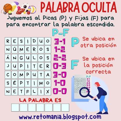 PALABRA OCULTA Desafío matemático, Reto matemático, Problema matemático, Problema de Ingenio, Matemática y Deportes, Juego de Palabras, Juego de Letras, Palabra Oculta, Buscapalabras