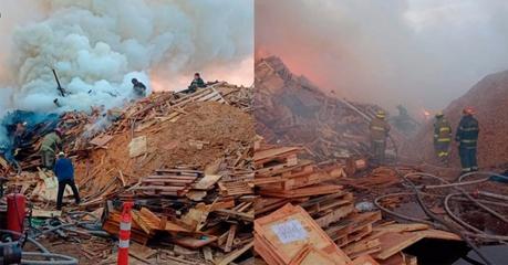 Fuerte incendio asola tarimera en Eje 140, encuentran dificultades para controlarlo