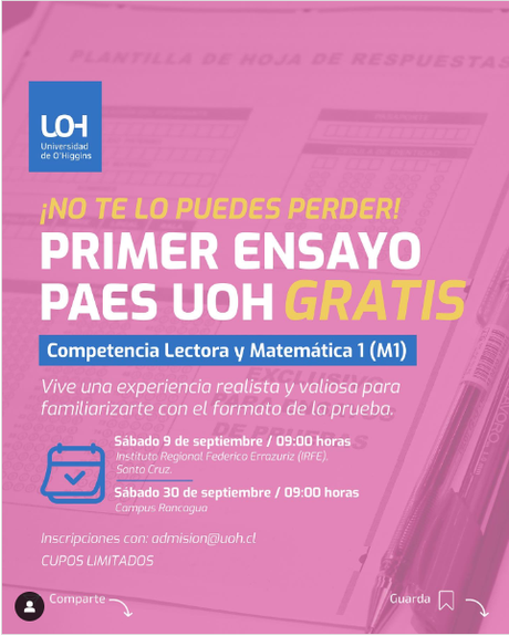 Invitación para Ensayos PAES 2023 de la Universidad O´Higgins.