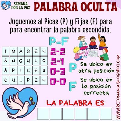 Retos matemáticos, Problemas matemáticos, Desafíos matemáticos, Semana por la Paz, Paz, Mates y Paz, Día de la Paz, Juego de Palabras, Picas y Fijas, Palabra Oculta, BuscaPalabras