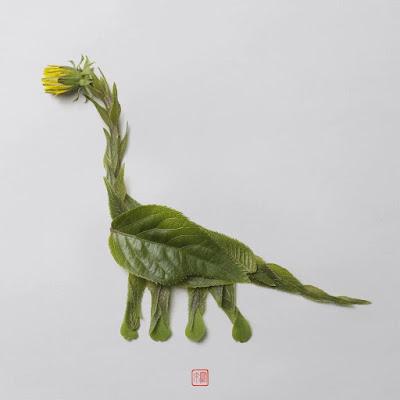 'Jurassic Nature', dinosaurios con flores, hojas y tallos por Raku Inoue