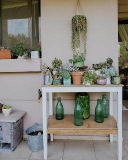 Toques de negro en la galería: postigo y mesita suculenta Toques de negro en la galería: postigo y mesita suculenta