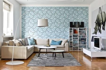 suelo de madera de roble espigado sofá de esquina silla barcelona rosetones en el techo papel de pared muebles de diseño lámpara diseño arco estilo sueco estilo nórdico estilo mid century modern estilo escandinavo detalles originales decoración decoración de interiores arcos divisorios decoración 