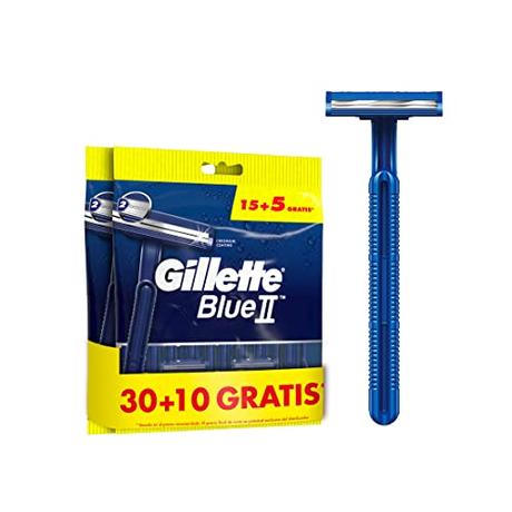 Gillette Blue II Maquinilla de Afeitar Hombre, Cuchillas de Afeitar desechables con Cabezal Fijo, 30+10 Gratis, 40 Unidades, Azul