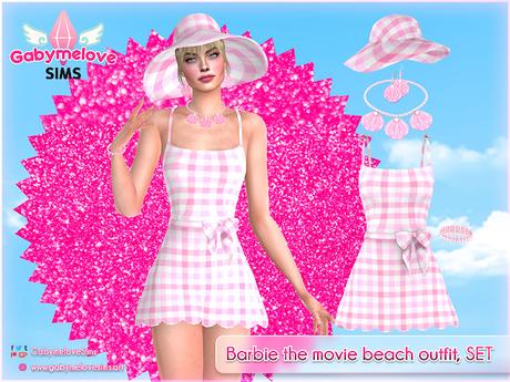 Sims 4 CC | Clothing & Accesories: Barbie the movie beach outfit, SET | Gabymelove Sims | mod, mods, clothes, cloth, ropa, accesorio, accesorios, jewerly, doll, ruth handler, margot robbie, roberts, film, película, 2023, live action, playa, playero, barbieland, conjunto, vestido, dress, suh hat, sobrero, earrings, aretes, zarcillos, perlas, pink, rosa, rosado, aesthetic, necklace, collar, conchas marinas, sea, shell, shells, seashell, pearl, bracelet, pulseras, cuadros, gingham, siren, mermaid