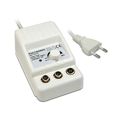 Metronic 432187 Amplificador TV FM/VHF/UHF para Digital terrestre con Filtro LTE, 2 x 24dB Ajustables, 1 Entrada/2 Salidas, de Interior, 47/790 MHz, Blanco
