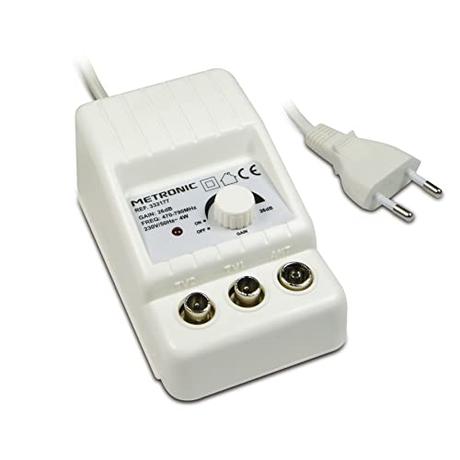 Metronic 332177 - Amplificador Antena TV de Interior para Canales TDT, Compatible 4G/5G, 26dB, 2 Salidas con Toma TV 9,52mm, Blanco