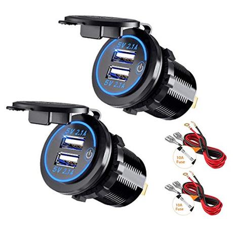 Thlevel 2PCS Toma USB 12V / 24V 4.2A Cargador Rápido Dual USB Impermeable con LED Indicador para Coches, Motos, RV, Camiones, Barcos (Azul)