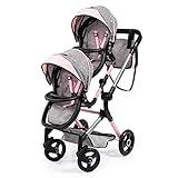 Bayer Design 26233AA Cochecito de muñeca gemelas, Carrito Paseo para muñecos, Ajustable en Altura, Plegable, con Bolsa de Bandolera, Compatible con Silla de Coche EasyGo, Gris, Rosa, Mariposa