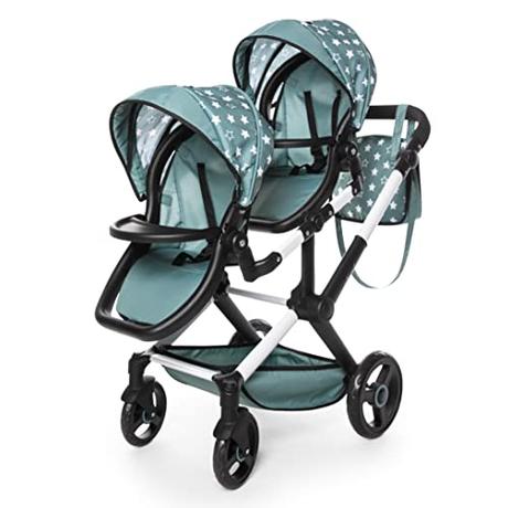 Bayer Design 26758AA Twin Xeo Cochecito de muñeca gemelas, Carrito Paseo para muñecos, Ajustable en Altura, Bolsa, Verde, Estrellas